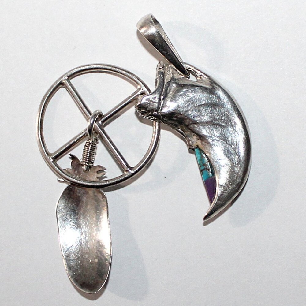 Vintage Sterling Silver Eagle Claw Feather Medicine Wheel Pendant 18 Grams - Picture 2 of 4